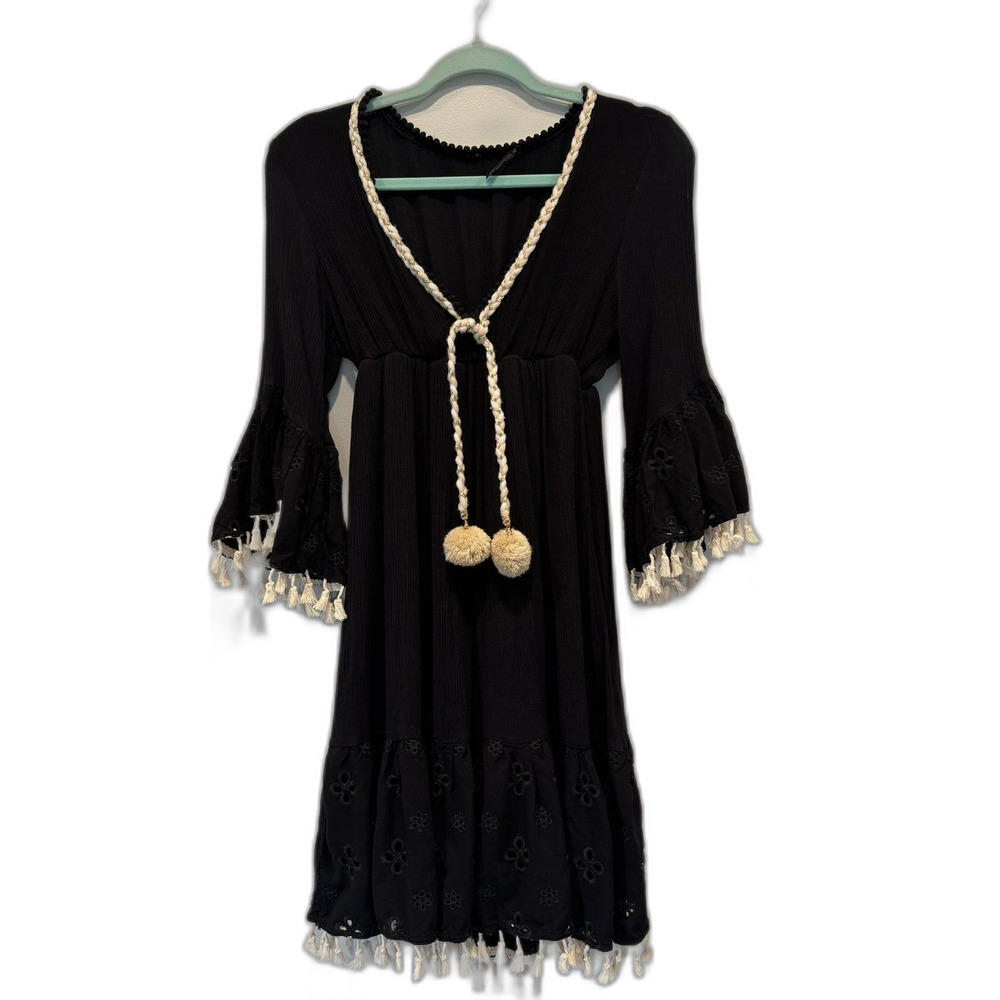 A'Biddikkia Dress Cotton Fringe Flare Sleeve Black Beach Coverup Womens sz XS